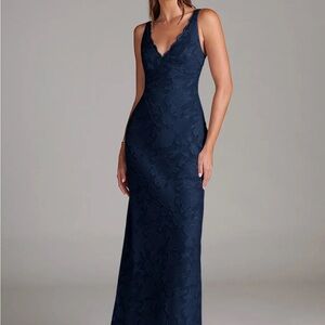 Azazie Navy V-Neck Floral Maxi Dress